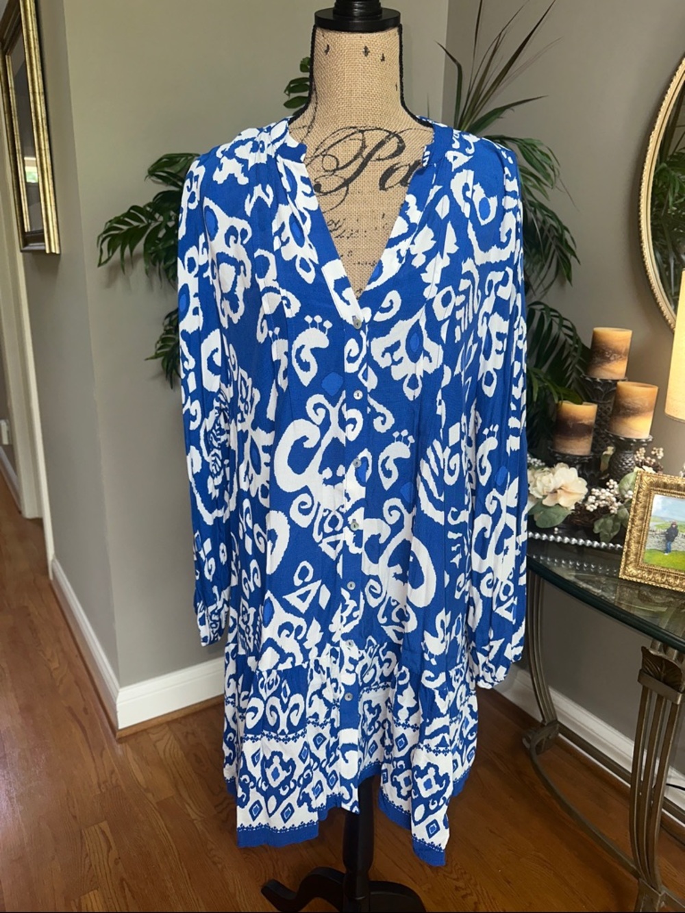 Zara Blue & White Abstract Print V-Neck Midi Dress NWT size XXL